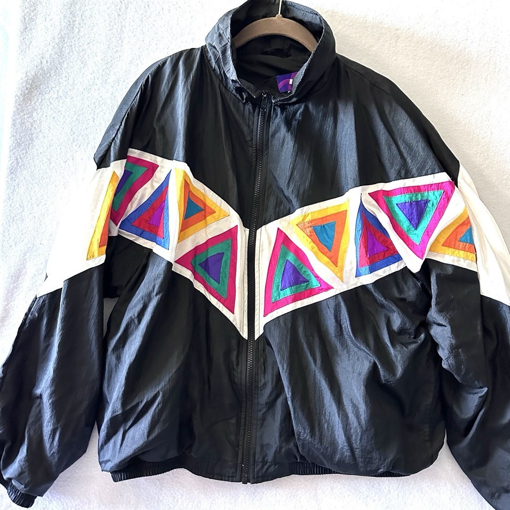 Mariah Carey Windbreaker‎ Women L Large Vtg  90s Neon Geo Black Jacket Hong Kong